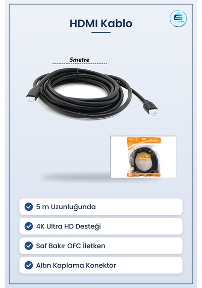 Hdmı Kablo 5 M V1.4 Ultra Hd 4k Saf Bakır Ofc Altın Kaplama Telev