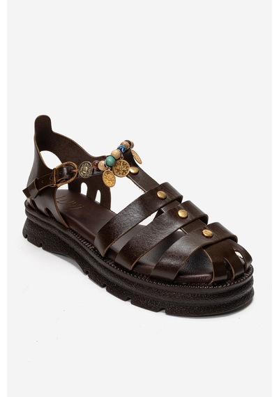 Luvishoes Solıs Kahverengi Hakiki Deri Boncuklu Kadın Sandalet