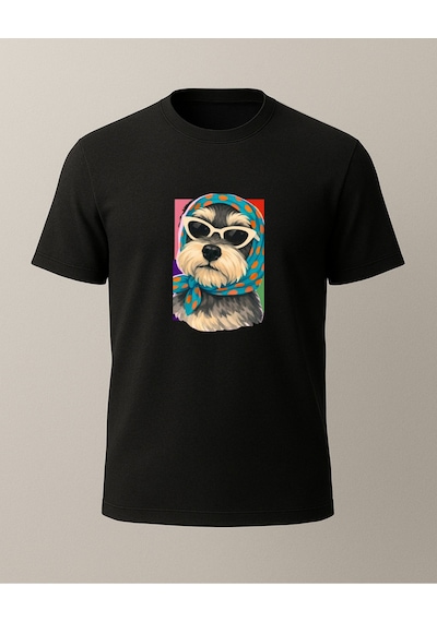Başörtülü Gözlükü Renkli Köpke Baskılı T-shirt Siyah