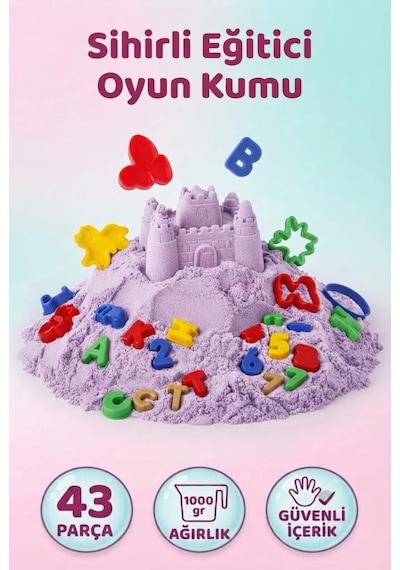 Sihirli Eğitici Oyun Kumu 1000 Gr 43 Parça Kinetik Kum Seti Alfabe Ve Sayı 3d Kalıplı Çocuk Oyuncağı Mor