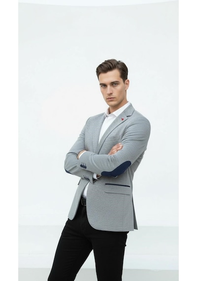 Plus Scorpion Gri Erkek İtalyan Kesim Blazer Ceket Lacivert Detaylı, Kol Yamali, Slim Fit Şık Tasarım Lacivert