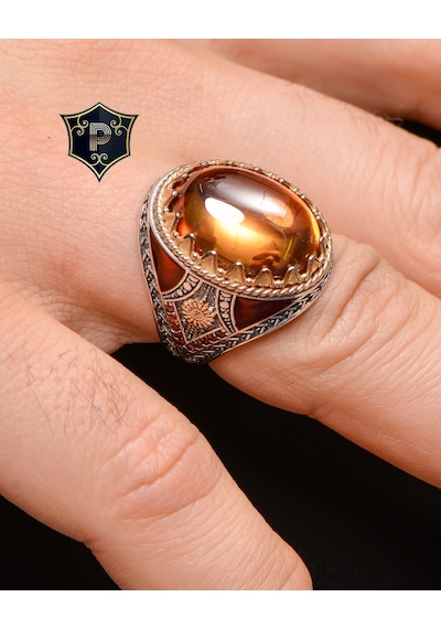 Gümüş Erkek Yüzük Şampanya Topaz Taşlı Zirkon Taş Süslemeli (537125177)
