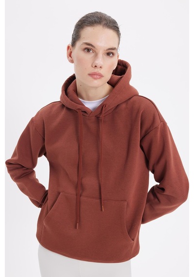 Tudors Kadın Oversize Geniş Kesim Pamuklu Yumuşak Dokulu İçi Polarlı Basic Kahverengi Kapüşonlu Sweatshirt-42082 Kahverengi