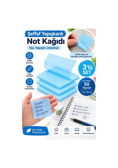 Mavi Yapışkanlı Şeffaf Not Kağıdı 50 Yaprak 3 Paket Kare Transparan Postit 75x75 Mm Yarı Saydam İşaretleyici Aydınger