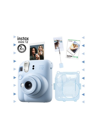Fujifilm Instax Mini 12 Fotoğraf Makinesi + 10'lu Film + Kıskaçlı Resim Standı + Simli Pleksi Kılıf Seti Mavi