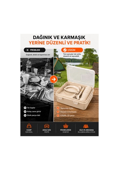 6 Kişilik Piknik Seti 32 Parça Kilitli Taşıma Kutulu Kamp Seyahat Servis Seti Krem Bej