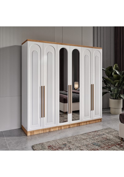 Flora 6 Kapaklı Aynalı Komple Mdf Gardırop - Elbise Dolabı Flora 6 Kapaklı Aynalı Komple Mdf Gardırop - Elbise Dolabı
