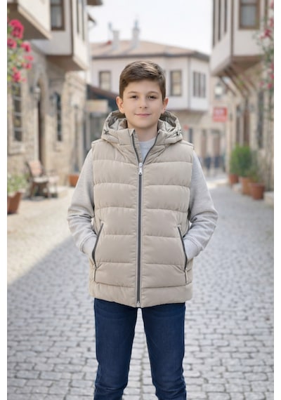 Pina Kids Erkek Çocuk Kapüşonlu Şişme Yelek Bej