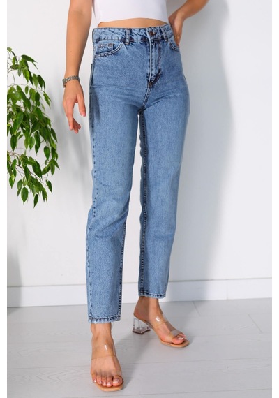 Yüksek Bel Likralı Mavi Mom Jeans Kot Pantolon Mavi