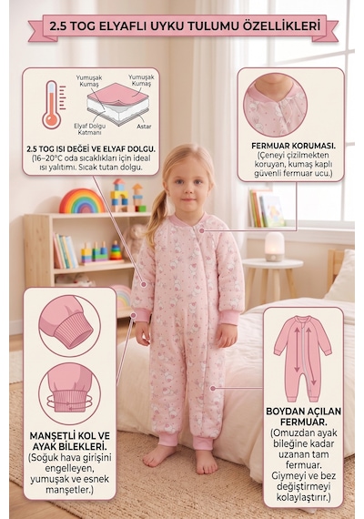 Babymod Tavşan Desenli 2,5 Tog Elyaf Dolgulu Premium Kalite 100% Pamuk Penye Astarlı Çocuk Uyku Tulumu Pembe