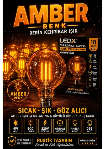 10 Adet G95 Rustik Led Ampul 4,5w Amber E27 ,balon Kırılmaz Gövde,500 Lümen,dekoratif Vintage Edison Glop Ampul 220v, Enerji Tasarruflu Uzun Ömürlü Led Lamba Seti
