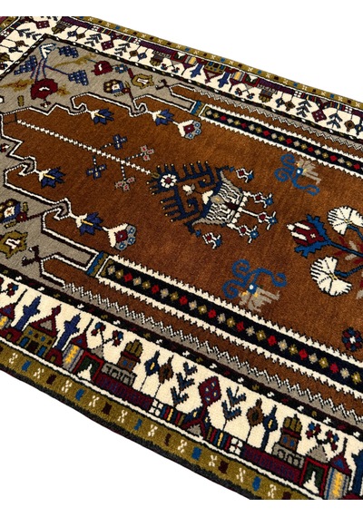 El Dokuması Sıfır Yahyalı Seccade 85x140 Kahverengi Beyaz Kök Boya %100 Yün Açık Kahverengi