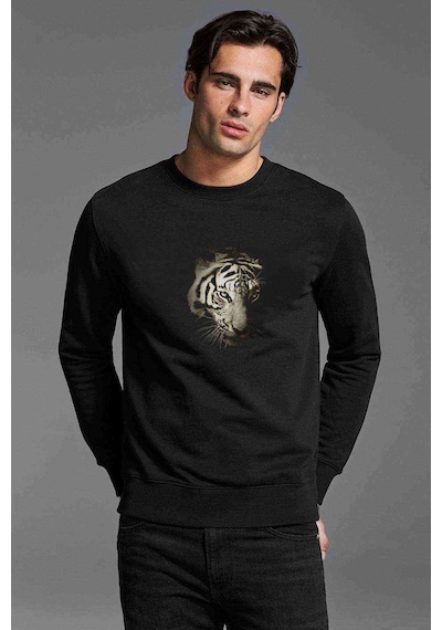 Black And White Tigers Baskılı Siyah Erkek Örme Sweatshirt