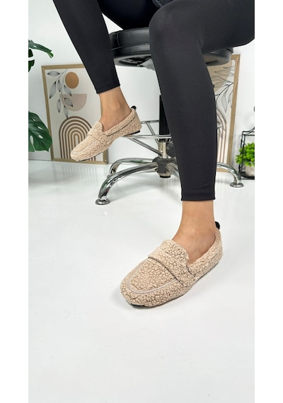 Günlük Kadın Loafer Peluş Astarlı Oval Burunlu Alçak Desenli Tabanlı Ayakkabı 375 VIZON