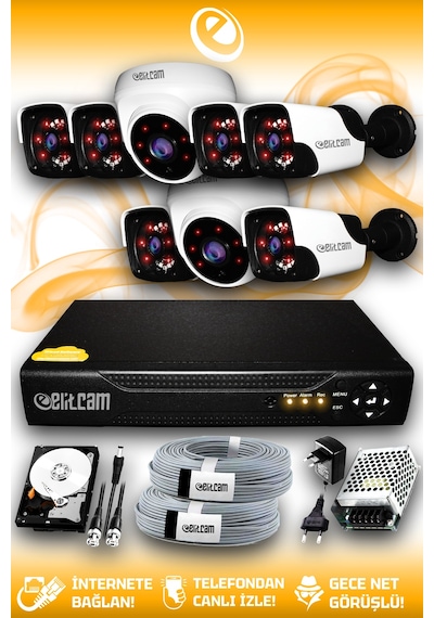 Elitcam 8 Kameralı Panda 2 İç Kamera Set 500 GB HDD Full HD Gece Görüşlü Güvenlik Kamerası Sistemi