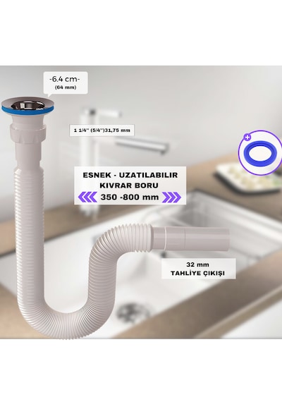 3 Adet Sabit Kafalı Sifon 3 Adet Conta - Komple Ev Lavabo Değişim Seti Yüksek Kalite Beyaz