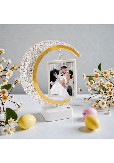 Kristal Led'li Hilal Fotoğraf Çerçevesi Dokunmatik Işıklı 2 Fotoğraflı Kişiye Özel Hediye Beyaz