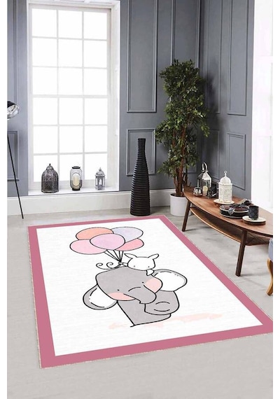 Pembe Kaymaz Tabanlı Yıkanabilir Filli Bebek Halıları Ar771n11