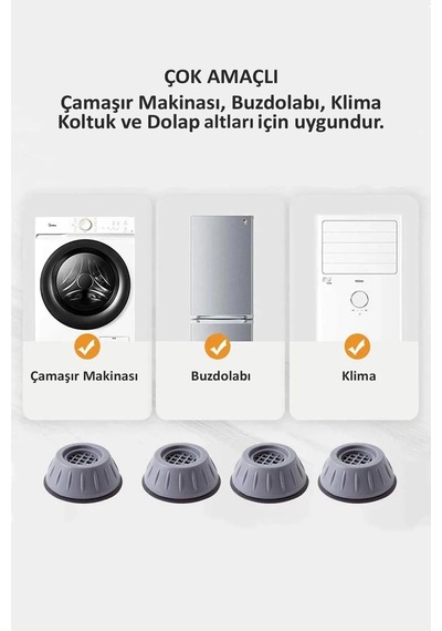 Beyaz Eşya Ayağı Çamaşır Makinesi Mobilya Titreşim Önleyici Kaydırmaz Ve 4cm Yükseltici 4'lü Set Gri Diğer