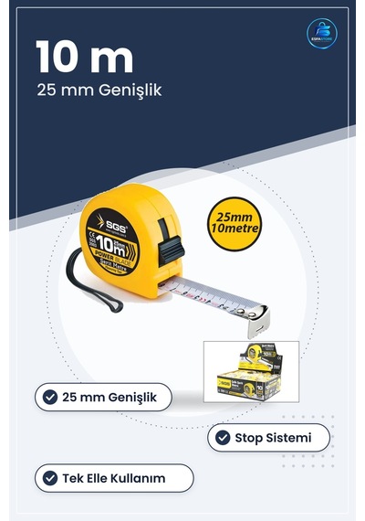 Şerit Metre 10 M X 25 Mm Stoplu Dayanıklı Çelik Plastik Gövdeli Ö