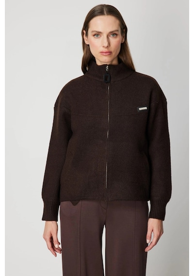On Fashion Kadın Beli Lastikli Dik Yaka Fermuarlı Kahverengi Hırka 60937 Kahve