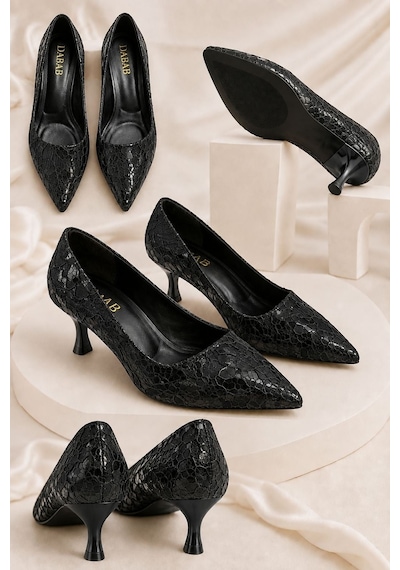 Dabab Shoes Leyla Kadın Siyah Sivri Burun Dantel Desenli 5 Cm İnce Topuklu Stiletto Ayakkabı