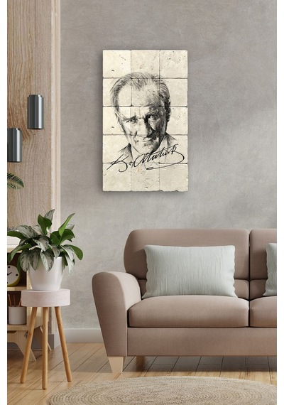 Doğal Taş Tablo - Atatürk Portresi Ve Atatürk Imzalı Tablo - Duvar Dekoru 30x50cm