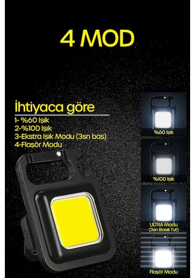 4 Mod Şarjlı Anahtarlık El Feneri Mini Boy Karabina Askılı Cob Led Lamba Acil Durum Işığı 47741 Siyah