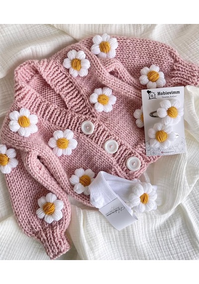 Mervedesign Papatyalı Hırka Seti Çorap- Toka- Hırka Açık Pembe