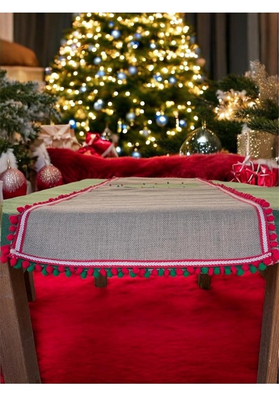 Lexroo Noel Temalı Gri Keten Masa Örtüsü, Ekose Çam Ağacı Desenli, Ponponlu Kenar Süslemeli