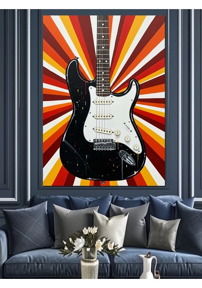 Ahşap Tablo Retro Fonlu Elektro Gitar