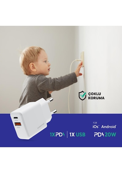Polosmart Pbs136 Hızlı 1 Usb 1 Pd Çıkışlı 20w Şarj Adaptörü Duvar Şarjı Beyaz