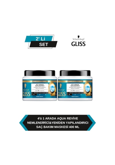 Gliss Aqua 4'ü 1 Arada Nemlendirici & Yeniden Yapılandırıcı Saç Bakım Maskesi 2 x 400 ML