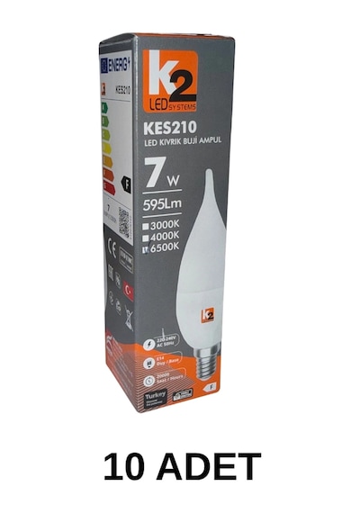 K2 Kes210 Led Kıvrık Buji Ampul Beyaz Işık E14 Duy - 10 Lu Paket