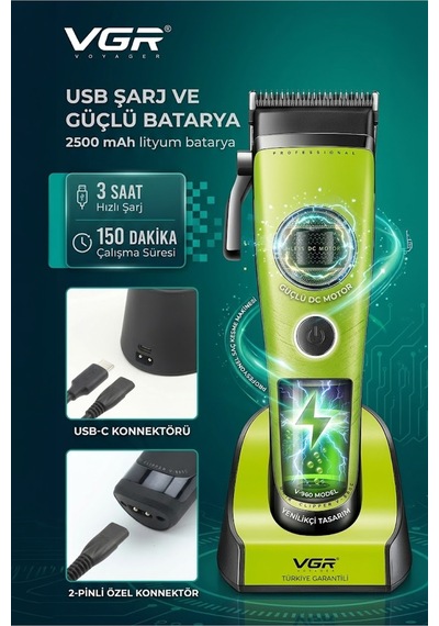 V-880c Profesyonel Saç Kesme Makinesi 7200 Rpm Seramik & Mım Çelik Bıçaklı Şarjlı Tıraş Makinesi 10 Taraklı - Clipper