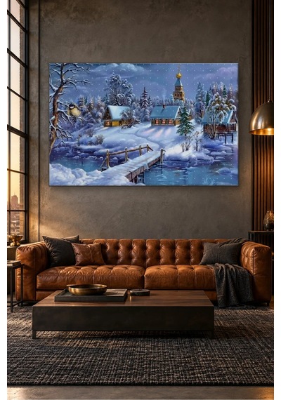 Fida Karlı Köyde Kubbeli Kilise Ve Ahşap Köprü Canvas Tablo Çok Renkli