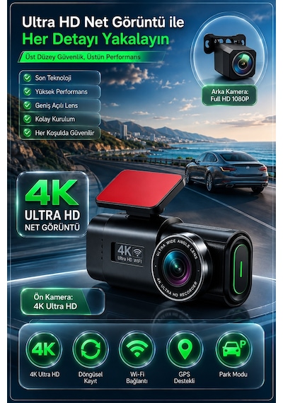 4k Ultra Hd Araç Kamerası Çift Lens Ön Arka Wi-fi Gps Park Modu Gece Görüşlü G-sensörlü Araç İçi Güvenlik Kamerası