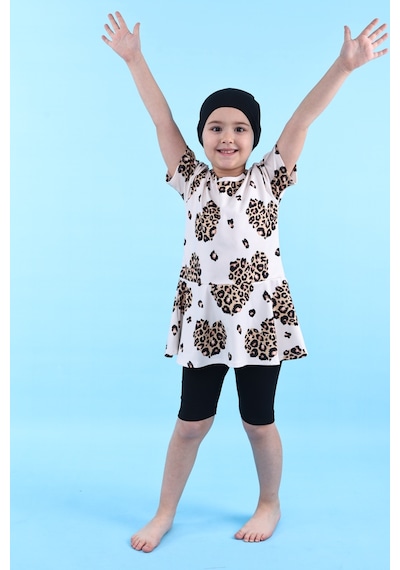 Zuzunga Leopar Desenli Kız Çocuk Boneli Mayo Takımı Siyah