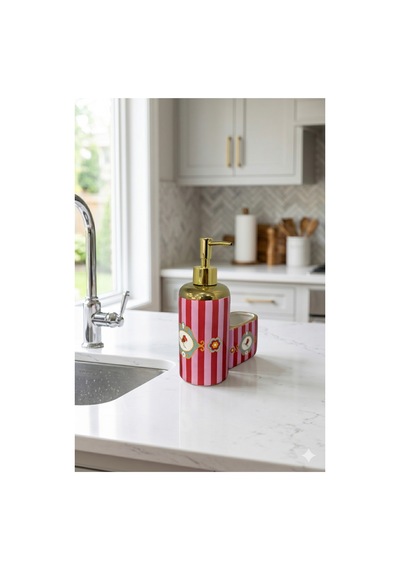 Kuş Motifli Gold Detaylı Çizgili Porselen Sıvı Sabunluk + Bulaşık Süngeri + Süngerlik Seti 500 Ml 20 X 15 X 7 Cm Kırmızı - Pembe - Gold