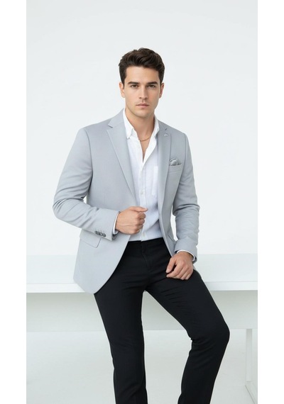 Plus Scorpion Erkek Açık Gri Blazer Ceket Slim Fit, Şık Ve Hafif Kumaş, Tek Düğmeli Açık Gri