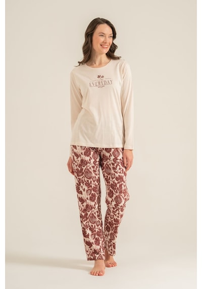 Pierre Cardin Kadın Leaves Krem Uzun Kol Pijama Takım Pc9263-s-v1 Pc9263-s-v1
