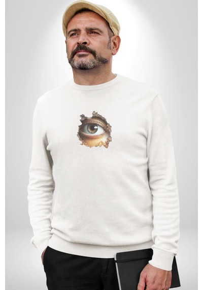 Duvardan Biri Bizi Gözetliyor Unisex Beyaz Baskılı Sweatshirt Beyaz