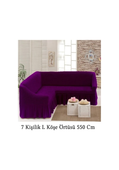 Upmall Bürümcük 7 Kişilik Köşe Koltuk, Kanepe Örtüsü, Koltuk Kılıfı, Lastikli, Etekli, L Köşe 550 Cm Mor Mor