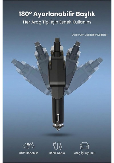 Sc07 96w Araç Şarj Cihazı Pd3.0 & Qc3.0 Hızlı Şarj, Çift Toplanabilir Kablo Type-c + Lightning , Led Ekran,