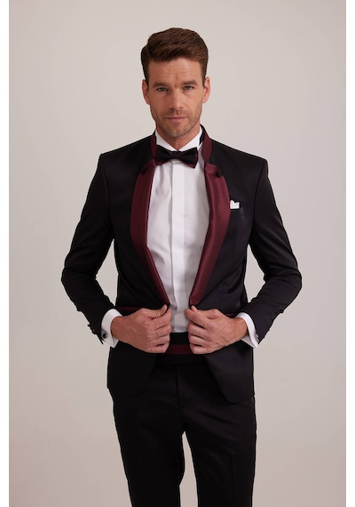 Ysf Erkek Bordo Siyah Slim Fit Şal Hakim Yaka Damatlık Bordo - Siyah