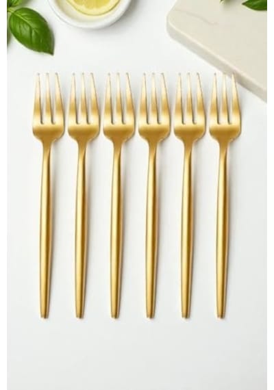 Limon Ve Fondü Çatalı Seti, Çelik, 13 Cm, Altın Kaplama, Sarı, 6 Parça Açık Ceviz