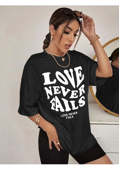 Flood Of Style Kadın Siyah Love Never Faıls Baskılı Oversize Bisiklet Yaka Tshirt
