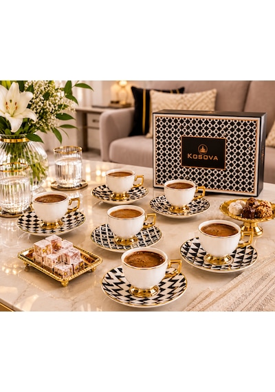 Premium Porselen 6 Kişilik Türk Kahvesi Fincan Takımı Gold Detaylı Modern Desenli Şık Hediye Seti Çok Renkli