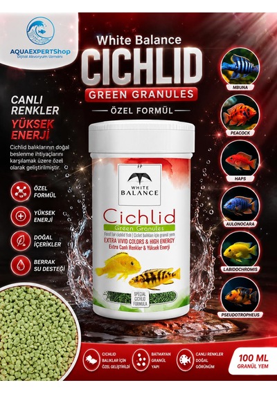White Balance Cichlid Green Granules - Cichlid Balıkları İçin Özel Formül - Besleyici Ve Renk Canlandırıcı İçerik - 100 Ml