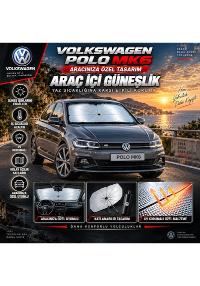 Volksvogen Polo Mk6 Araç Ön Cam Güneşliği Katlanabilir Şemsiye Oto Güneşlik Uv Korumalı Gölgelik Araba Oto Şemsiyesi